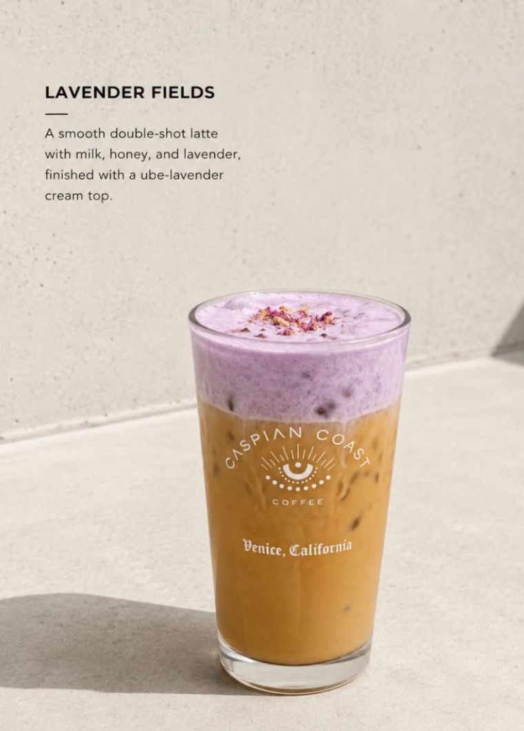 Lavender Fields — double-shot latte with milk, honey, lavender and ube-lavender cream